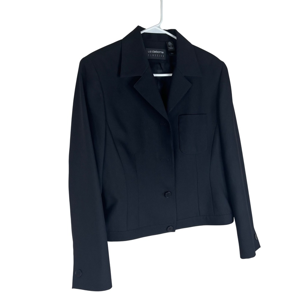 Liz Claiborne Blazer Womens 12 Black Wool Solid Classic Career Suit Jacket Coat